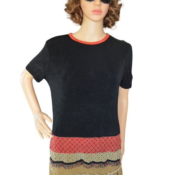 Vintage Softwear Petites By Mark Singer Black Blouse Beaded Fringe Womens Small - Picture 1 of 8